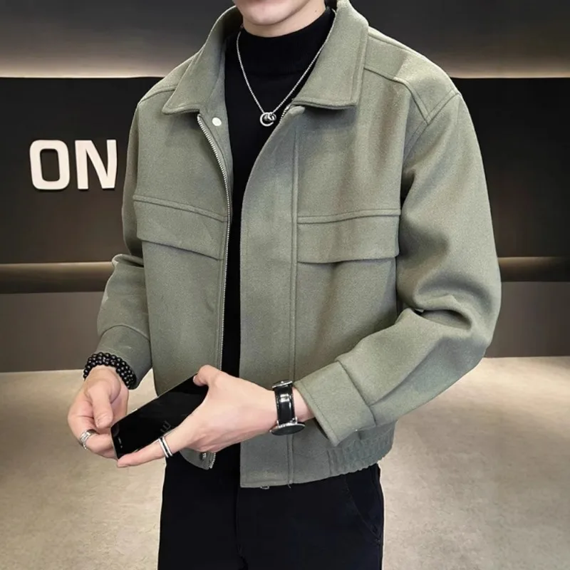 KIDWHXR Korean Jacket Man Autumn Vintage Turn Down Collar Men Outerwear Simple Solid Patchwork Male Business Casual Coat