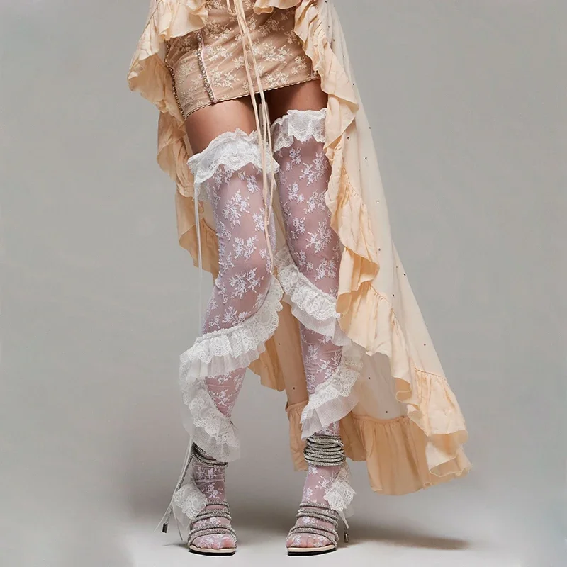 New Sexy Summer Lace Thigh High Socks Sheer Ruffle Floral Stockings Socks For Women Lady Girls Skin-Friendly Hot Sale