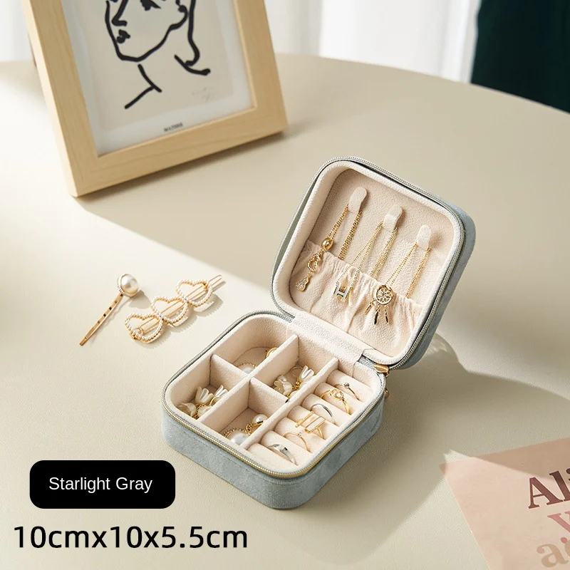 Elegant Flannel Jewelry Storage Box With Zipper Multifunctional Portable Square Jewel Organizer