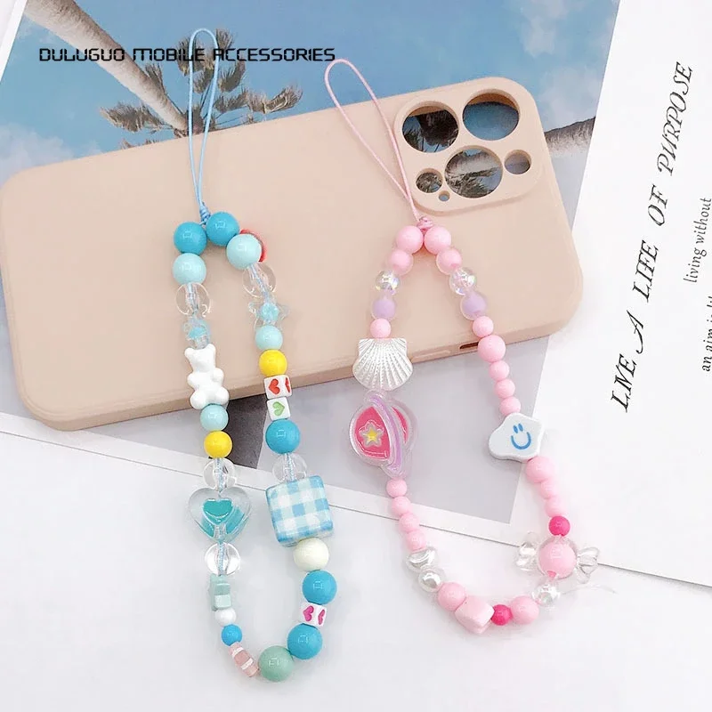 Cute Cartoon Phone Chain Exquisite Heart Square Grid Shell Handmade Beads Phone Charm Straps Jewelry Accessories for Women Gifts