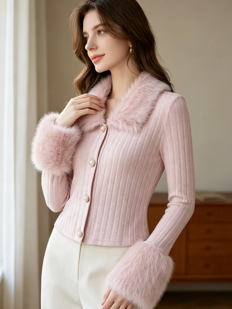 Knitted Cardigan Women Faux Fur Collar And Cuffs Long Sleeve Ribbed Slim Cropped Top Pearl Button Elegant Daily Street Outfits