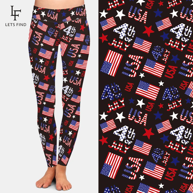 LETSFIND Legging Hitam Wanita Keluaran Baru Legging Motif Bendera Amerika Legging Kasual Fitness Pinggang Tinggi