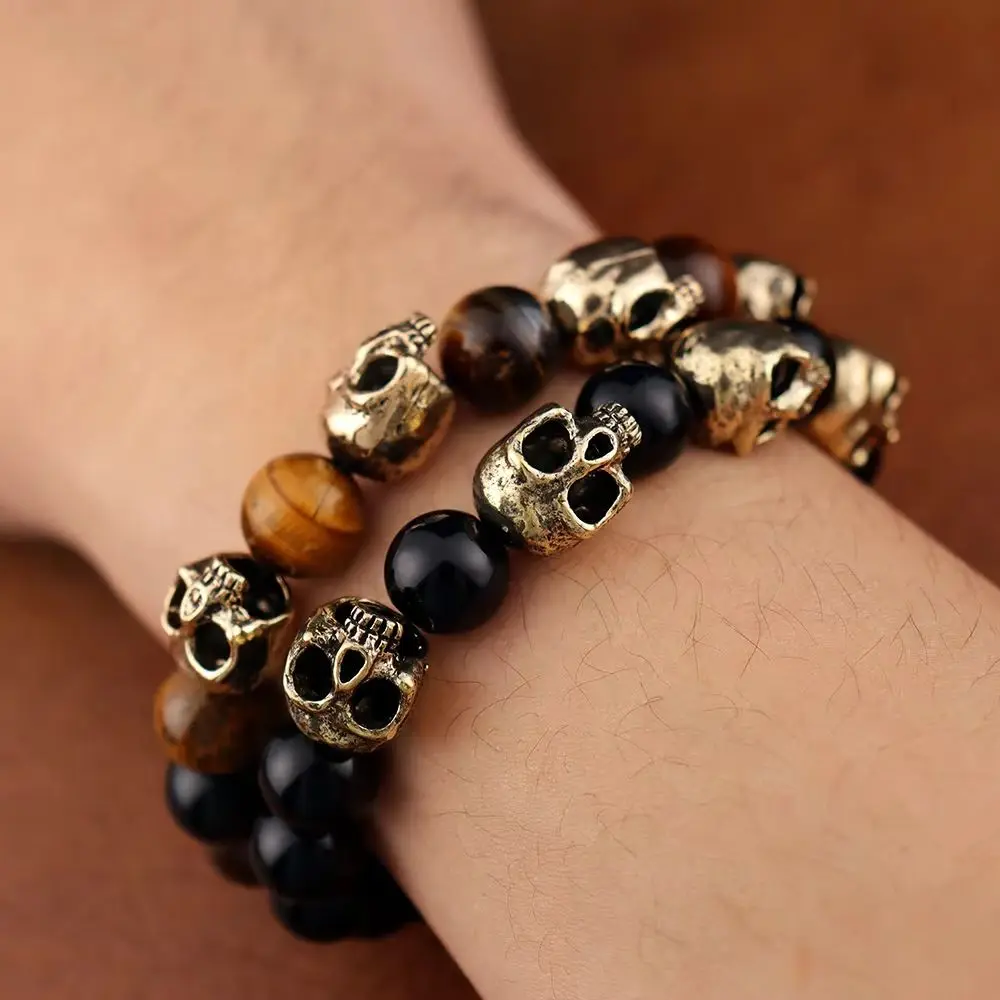 Vintage schwarzes Achat-Totenkopf-Armband für Herren, Gothic-Totenkopf-Anhänger, Tigerauge-Armband, Punk-Rock-Motorrad-Steinperlen-Schmuck