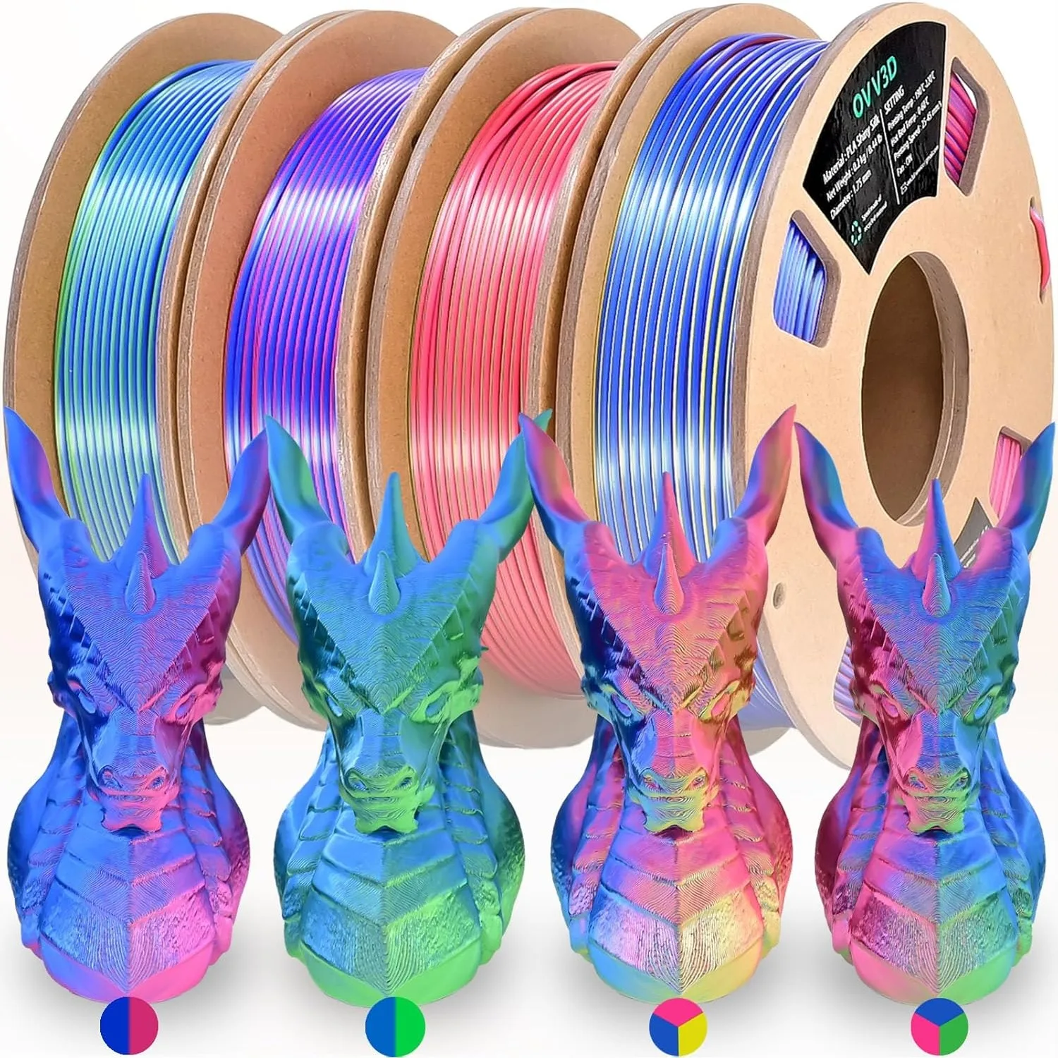 PLA Filament Bundle 1.75mm +/-0.02mm, 4 Pack Dual Color & Tri Color Coextrusion Silk PLA, Rainbow PLA Filament 3D Printing, 4