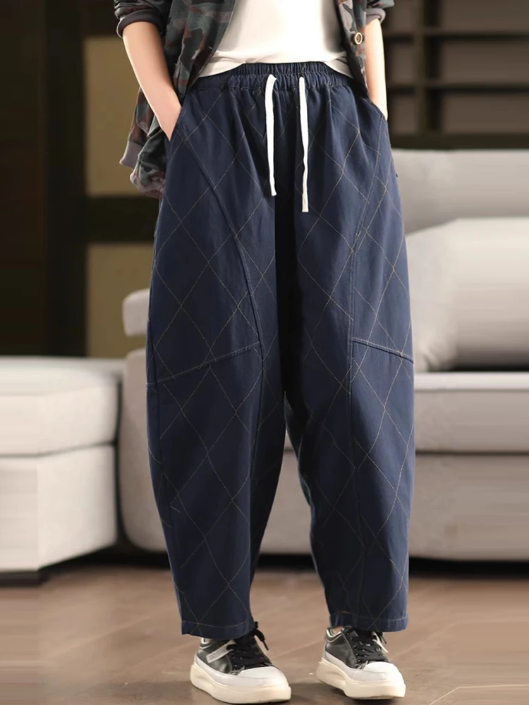 

100% Cotton Women Casual Harem Pants New Arrival 2025 Spring Simple Style Plaid Pattern Loose Comfortable Female Trousers M840