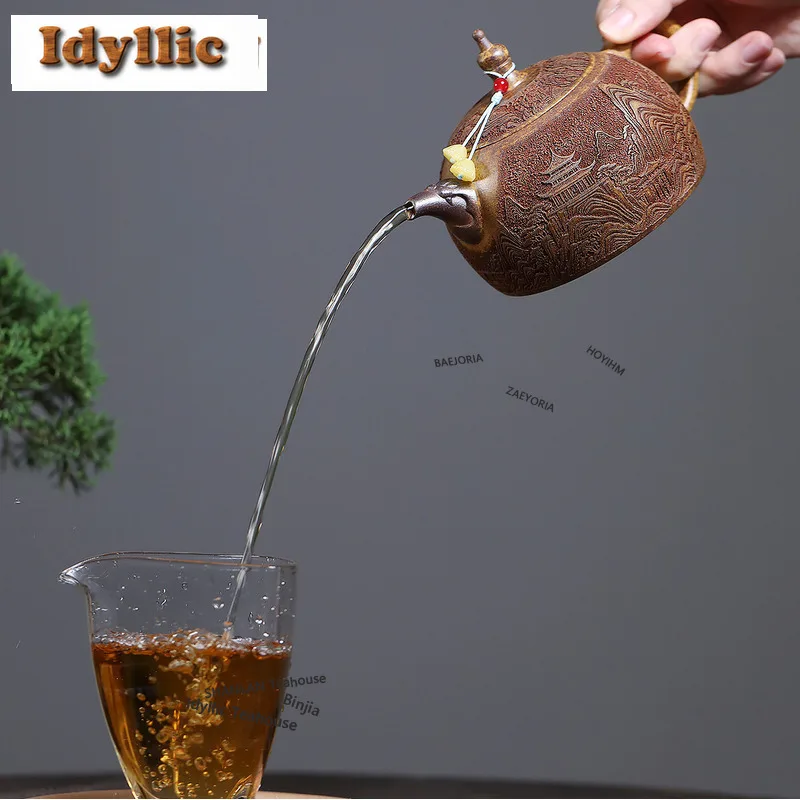 HOYIHM 330ml Yixing Purple Clay Teapots Handmade View Mountain Half-moon Pot Raw Ore Wood-fired Porcelain Mud Kettle Zisha Tea