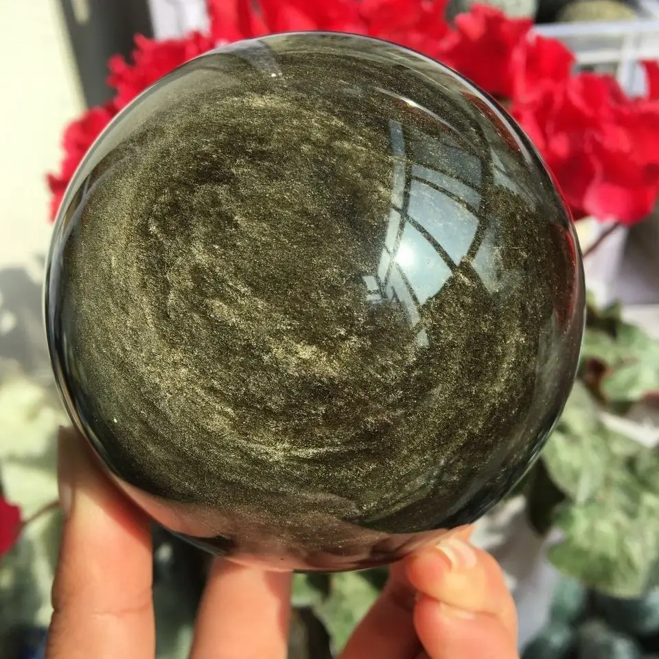 Natural Gold Obsidian Crystal Sphere Polished Black Healing Quartz Ball