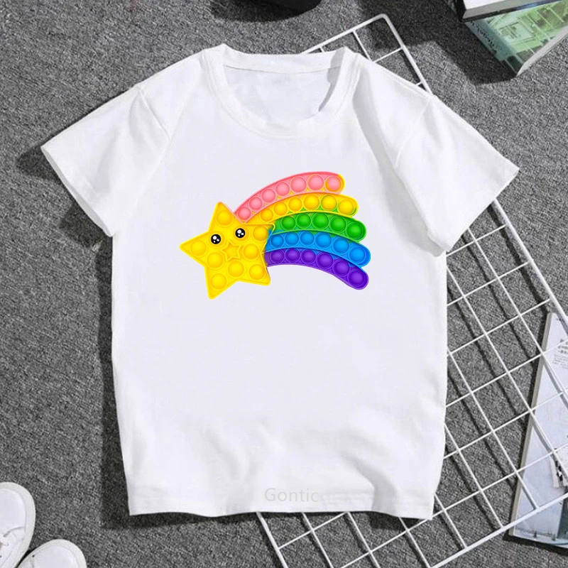 Fashion Rainbow Five Point Star Print PopIt T Shirt Kids Tshirt Summer Top Children White T-shirts Girl's Clothes 2-13 Yrs