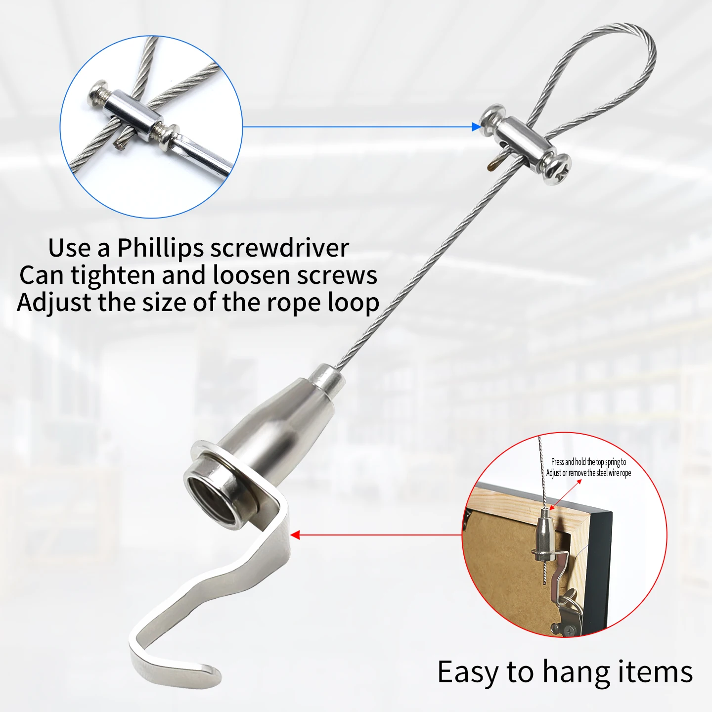 Picture 5: 4PCS The hanging kit is suitable for 1.5mm steel cable ropes, adjustable metal hooks, and can support up to 40kg of weight