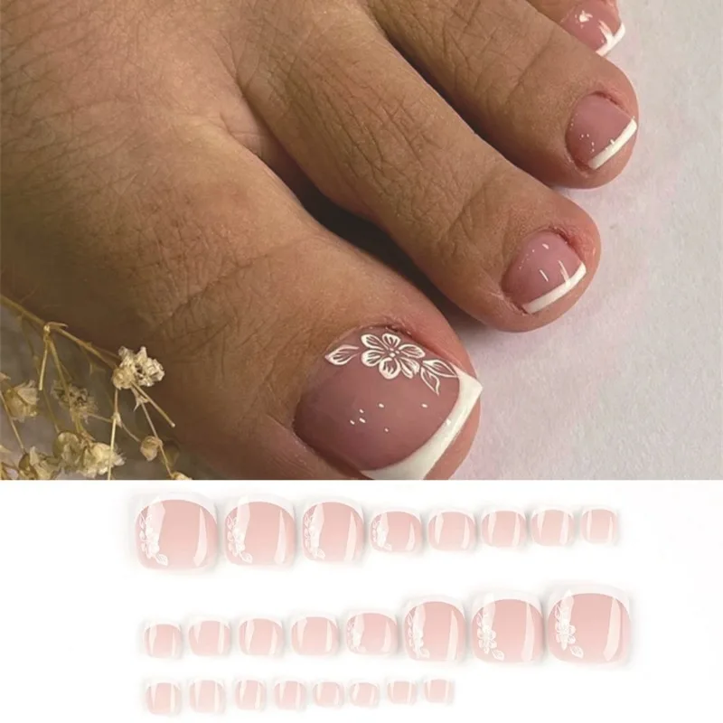 

24Pcs/Set Acrylic Wearable False Toenail Art Short Simple White French Toe Nail Fake Full Cover Removable Press on Nail Tips