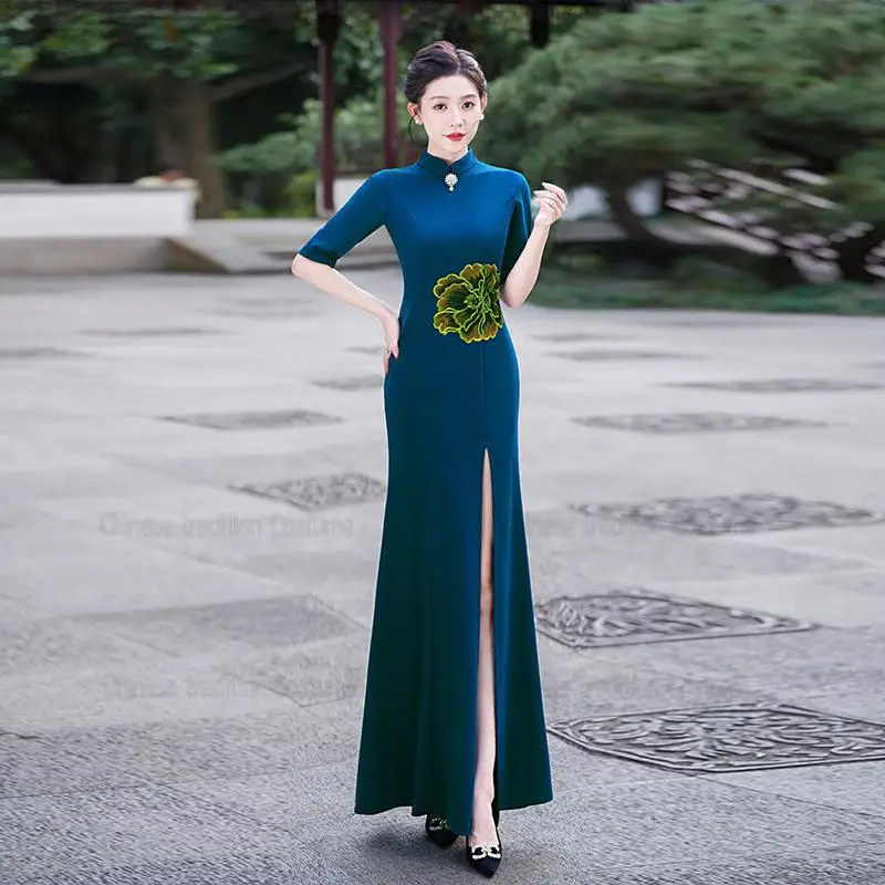 2025 عرض مسرحي جديد تشيباو حجم كبير 3Xl 4Xl 5Xl Chesongam سيدة مثير سبليت النمط الصيني فستان قصير الأكمام Vestidos رداء ثوب #4