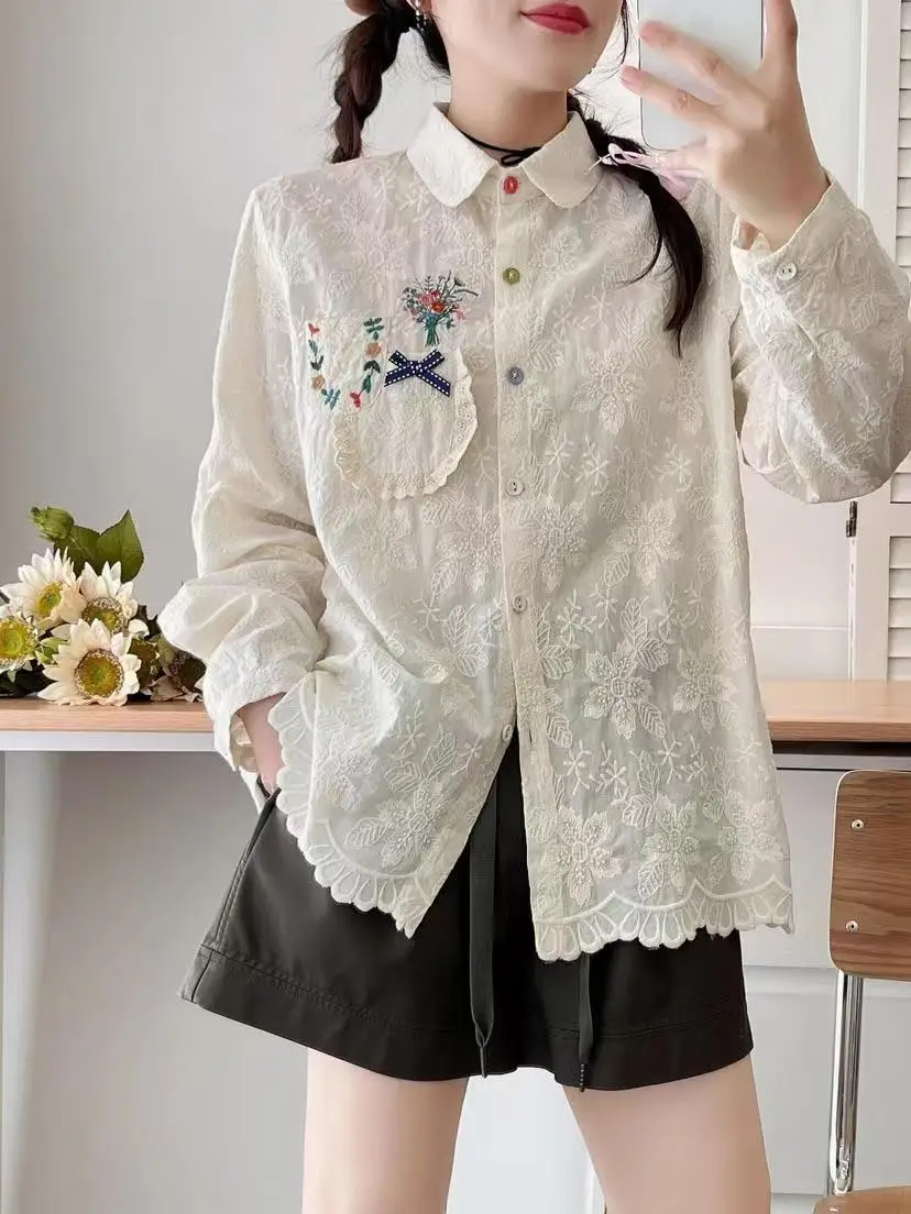 Neue Herbst Baumwolle Langarm Shirt, Frauen Revers Stickerei Tops, Mori Mädchen Japan Stil Pendeln Lose Bluse, Winter T4N516CC