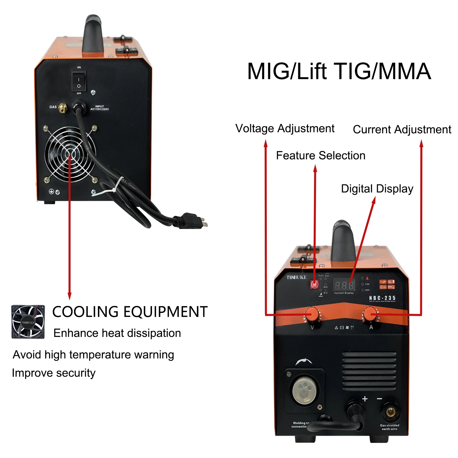 TINBUKE Automatic MIG Welding Machine 3 in 1 MIG/TIG/MMA  Stick NBC-235 110/220V MIG Welding With CO2 Inverter Machine