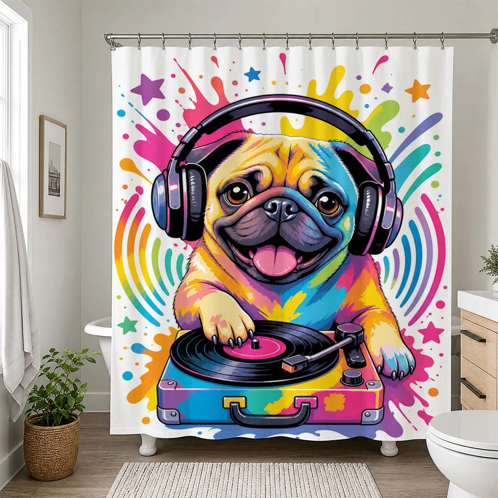 Cute Pug Dog Pop Art Shower Curtain Waterproof Funny Music Turntable Decor Novelty Bath Curtain for Modern Bathroom Decor Home G