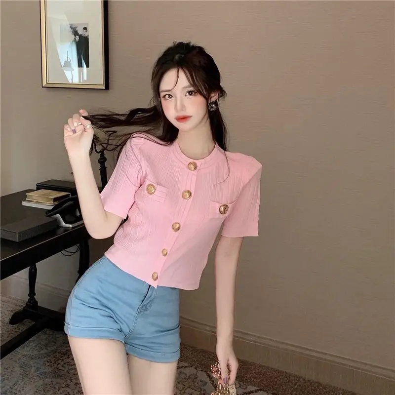 Women Clothing Vintage Fashion All-match Knit Cardigan Summer Elegant O-neck False Pocket Button T-shirt Solid Short Sleeve Tops