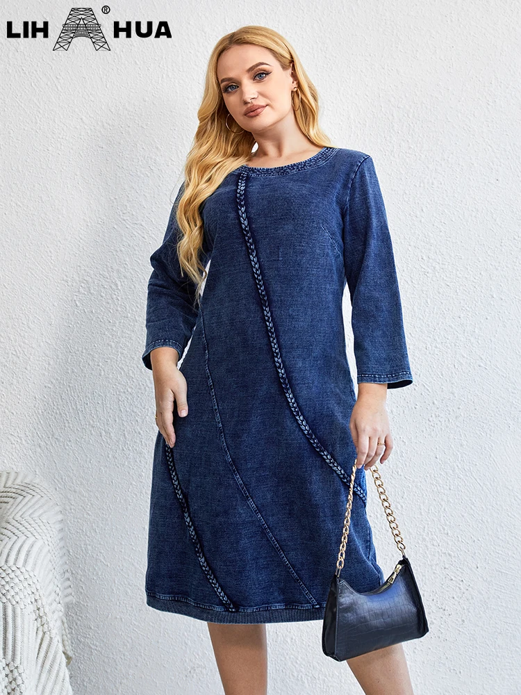 LIH HUA Women\'s Plus Size Denim Dress Autumn Chic Elegant Dresses For Chubby Women Cotton Knitted Round Neck Dress