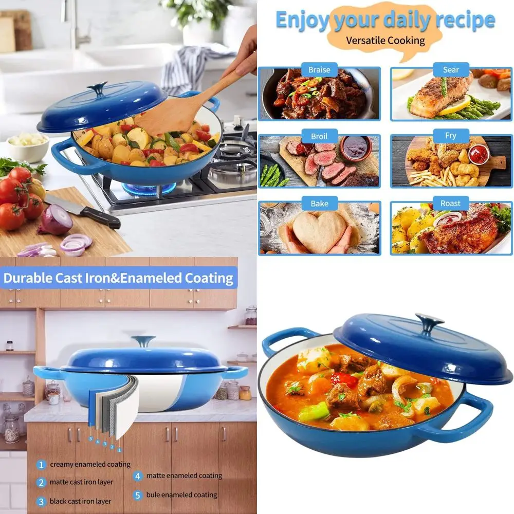 

Enameled Cast Iron Dutch Oven Braiser, 3.8 Quart Enamel Skillet Pot with Lid - Heavy Duty and Dual Handles, Oven Safe Frying Pan