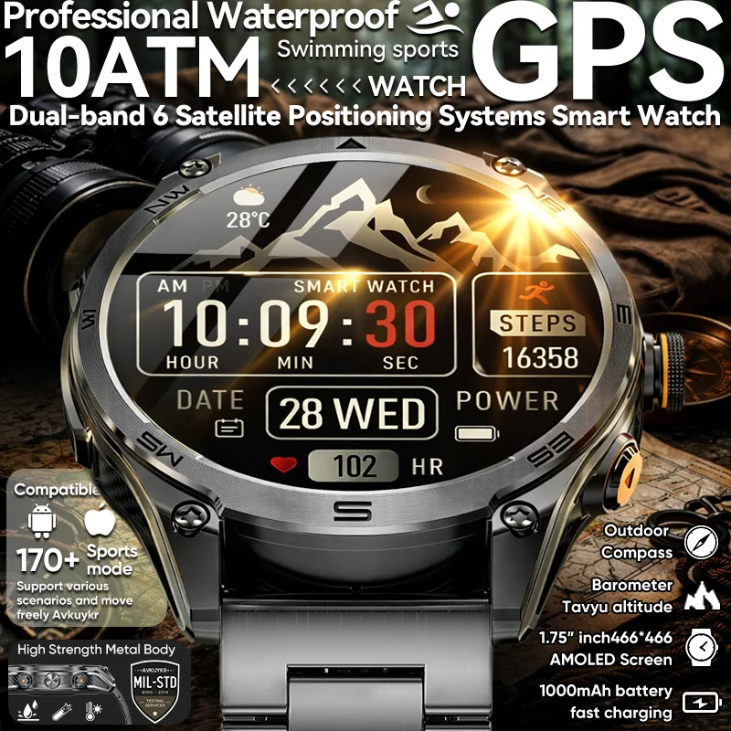 

Новые профессиональные умные часы для активного отдыха 2026 года, 1.75" AMOLED, GPS, двухдиапазонный, водонепроницаемость 10ATM, компас, альтиметр, пульсометр, спортивные смарт-часы для мужчин