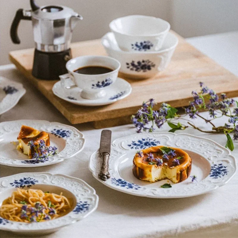 Creative Relief Ceramic Plates High End French Style Steak Plate Home Afternoon Tea Dessert Fruits Plate Exquisite Coffee Cups