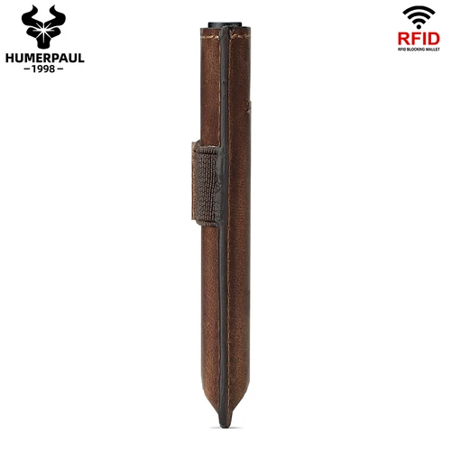 Imagen 2 del producto HUMERPAUL-cartera delgada para tarjetas de crédito para hombre, caja de tarjetas de aluminio emergente de cuero auténtico con bloqueo RFID, Clip para dinero inteligente