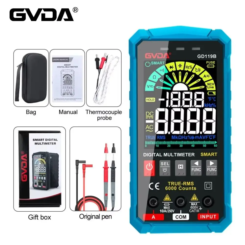 GVDA Digital Multimeter Backlight Display Ture RMS AC DC NCV Multimetro Current Detector Tester Ohm Capacitance Hz Voltage Meter