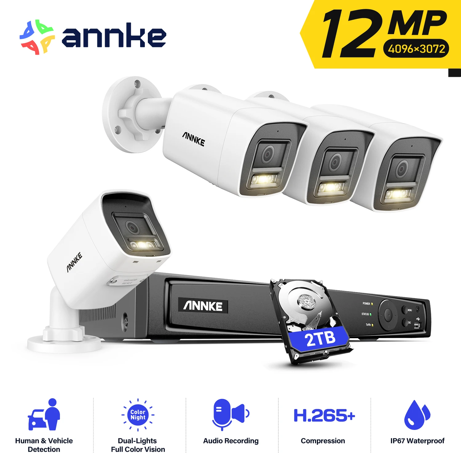 ANNKE C1200 Dual Light Outdoor PoE Surveillance Camera System 12MP Colour IR Night Vision CCTV Video Security Kits 2TB HDD