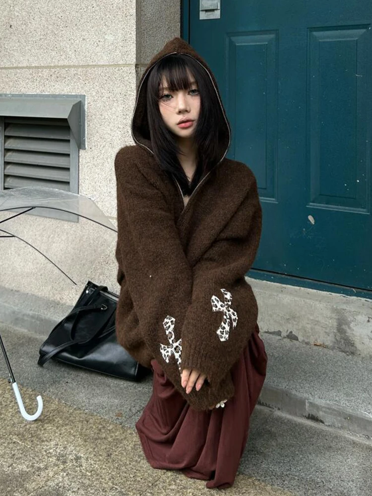 

Американский трикотаж с капюшоном в стиле ретро, женский осенне-зимний свободный длинный кардиган с двойной молнией в стиле ретро, модный круглый кардиган