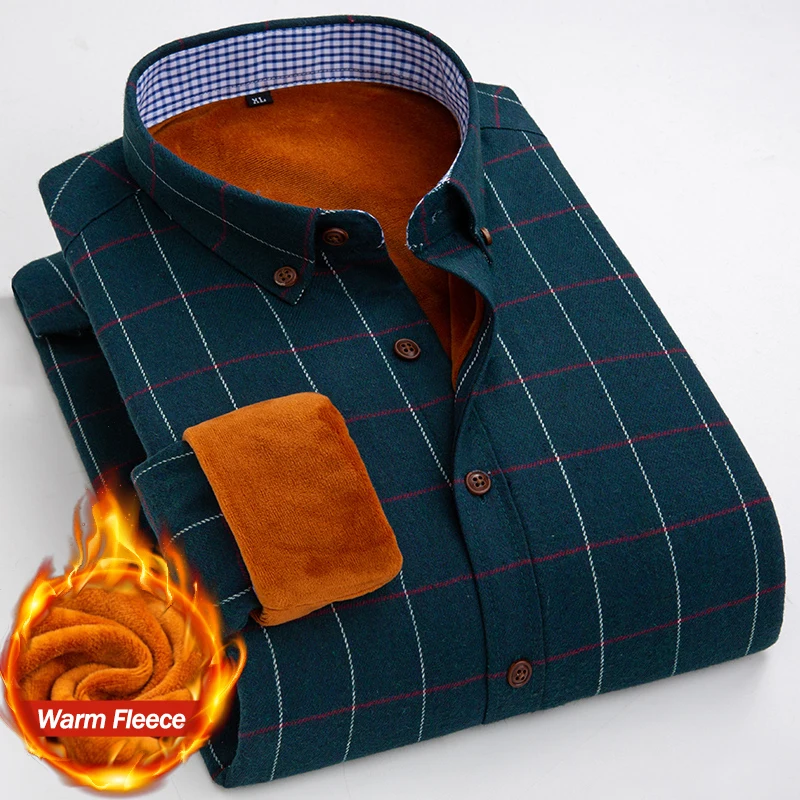 Warm Shirt Winter Men's Fleece Classic Plaid Long Sleeve Shirts Comfort Slim Casual Business Plush Velvet Thicken Shirt Dress