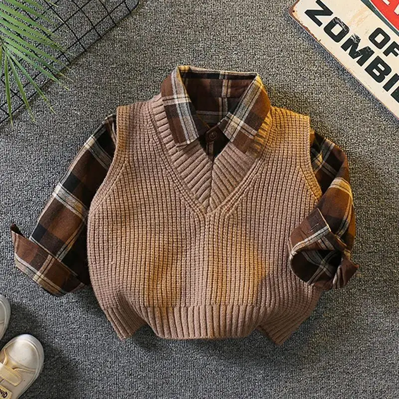 

Children's Sweater Set Spring and Autumn Boys' Vest+Two piece Shirt Set