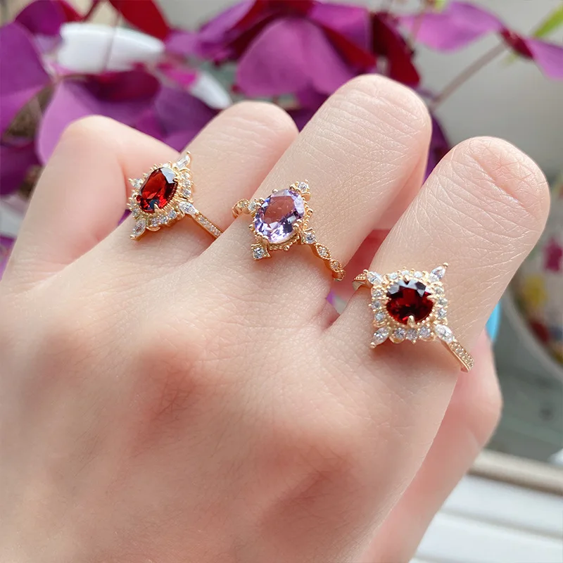 LAMOON Vintage Gemstone Ring Natural Garnet Rings For Women 925 Sterling Silver K Gold Plated Crystal Wedding Engagement RI182