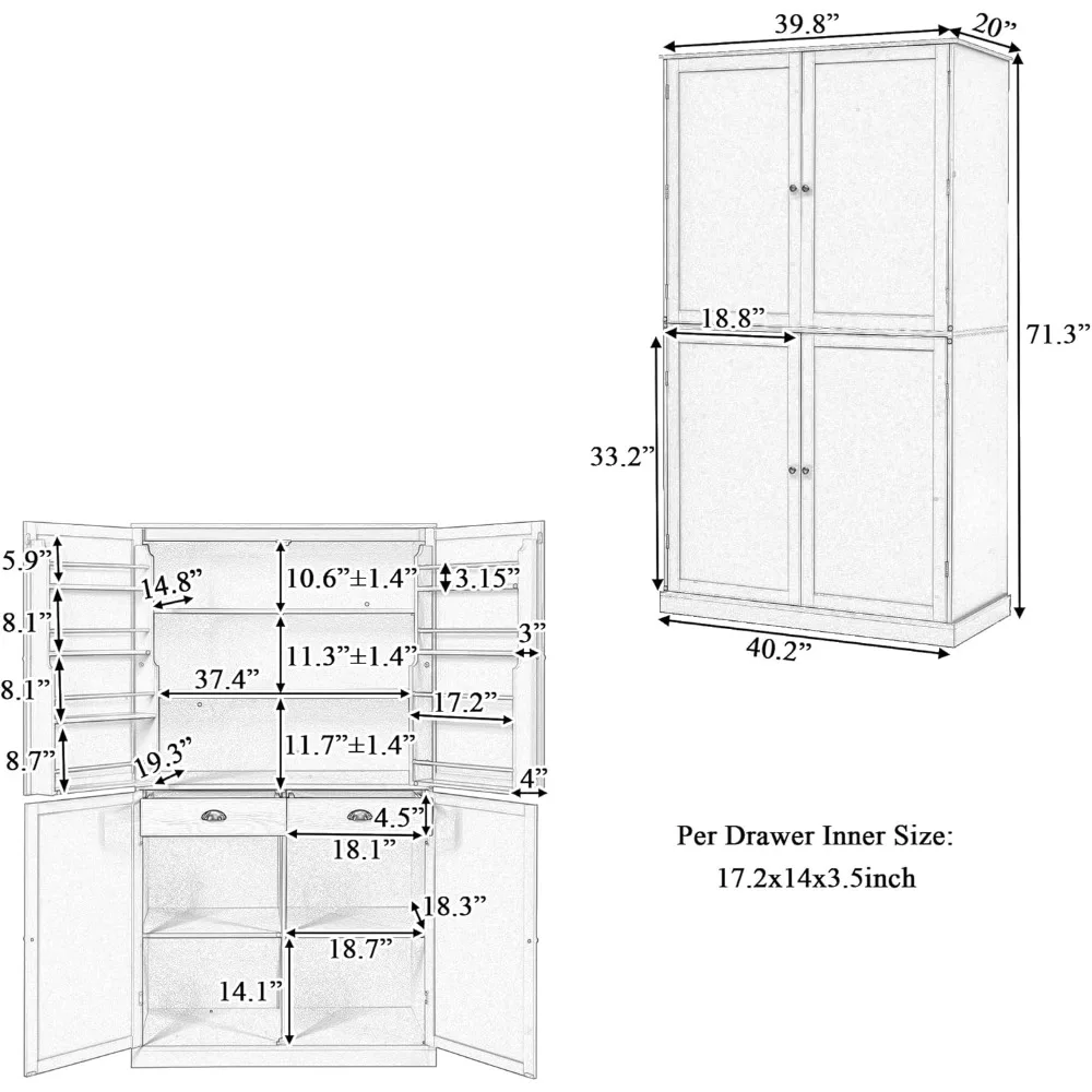 Cabinet, Freestanding Sideboard with 2 Adjustable Shelves and 8 Door Shelves with Drawers for Kitchen, Kitchen Sideboard