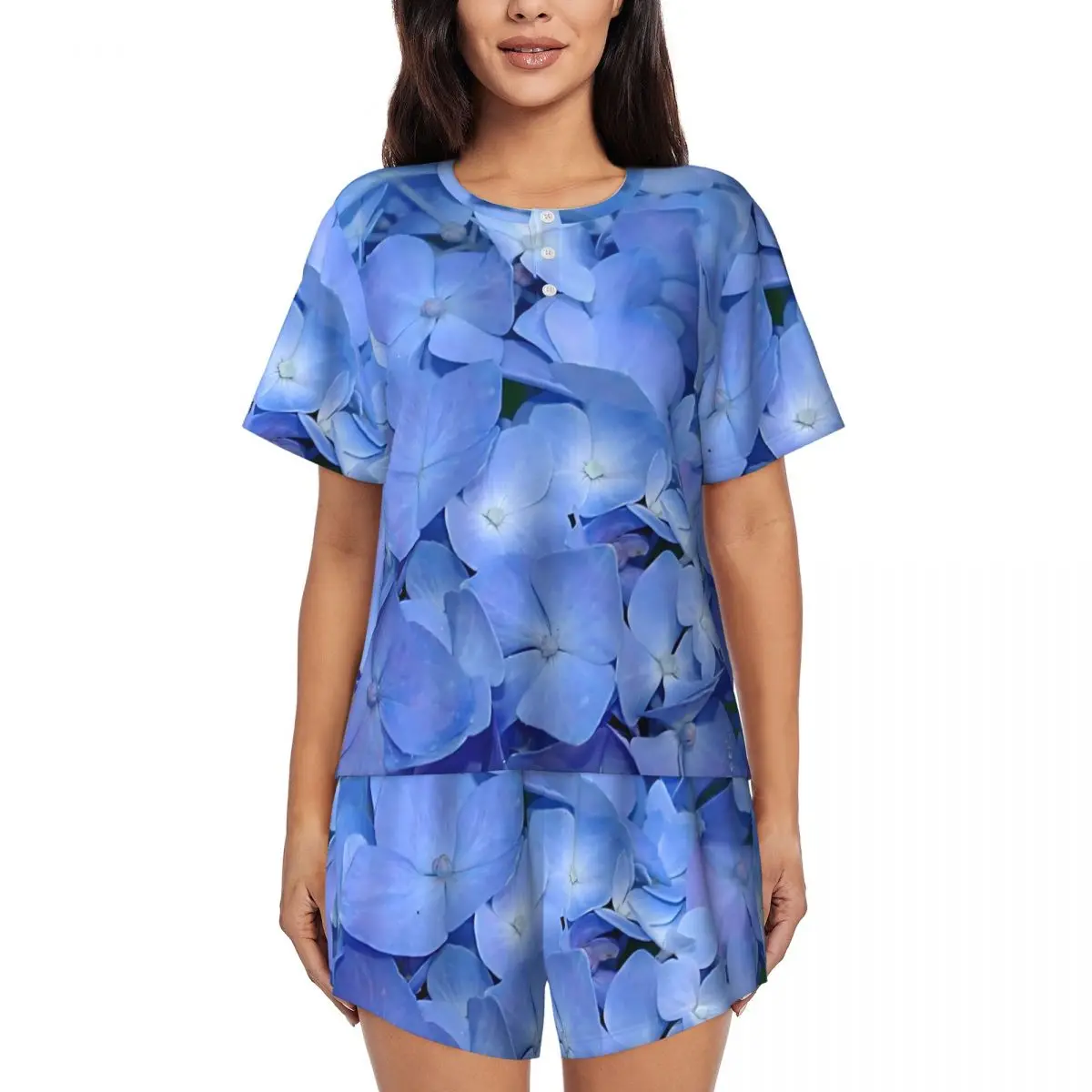 

Vintage Blue Flower Pajamas Daily 2 Piece Hydrangea Print Pajamas Set Female Short-Sleeve O Neck Aesthetic Design Nightwear