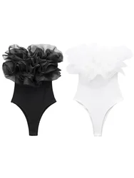 Willshela Women Fashion Ribbed Bodysuit With Organza Ruffle Vintage High Elastic Sexy y2k Female Chic Lady Tops body femme