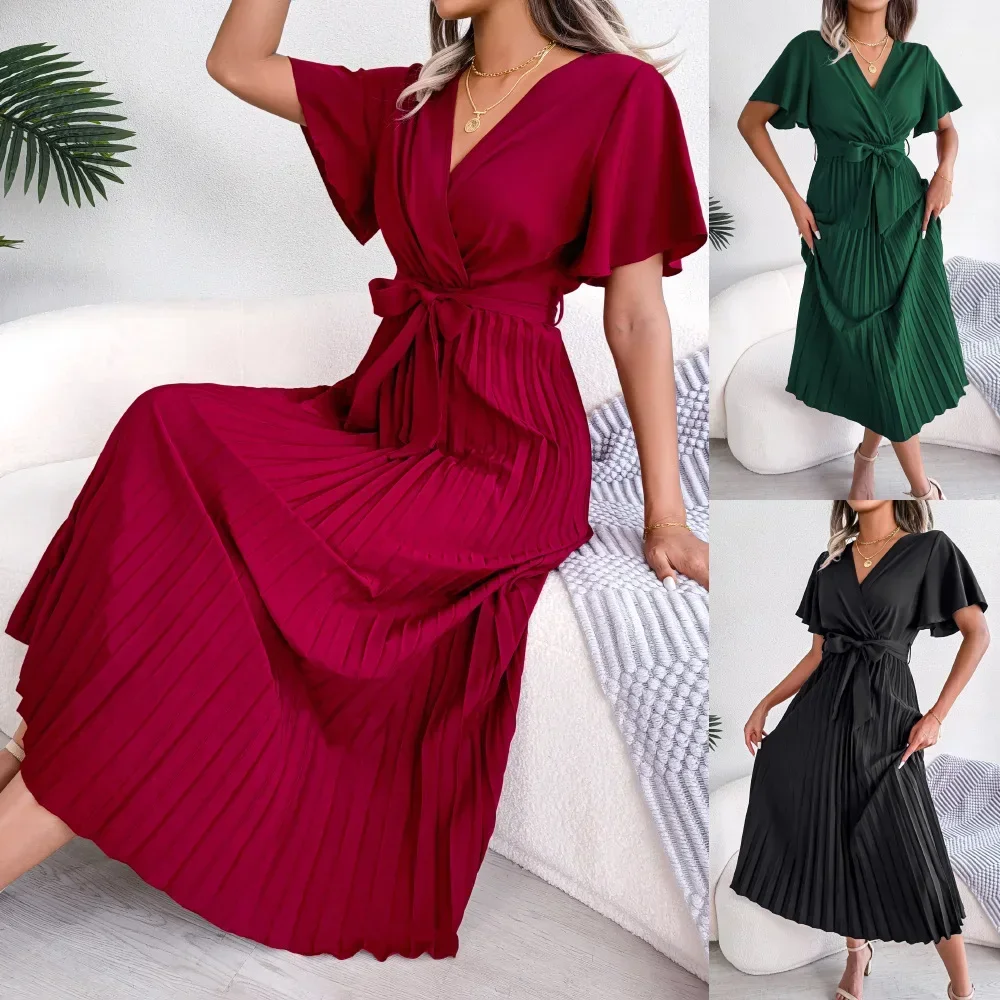 

Spring and Summer Temperament Cross V-neck Pendulum Pleated Dress, Women's Clothing
