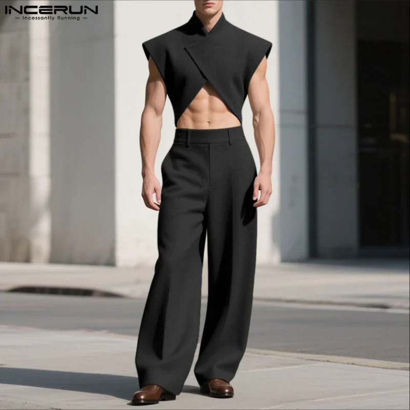 

INCERUN Men Sets Solid Color Sleeveless Crop Tops & Pants Two Pieces Sets Loose Streetwear 2025 Fashion Men's Casual Suits S-5XL