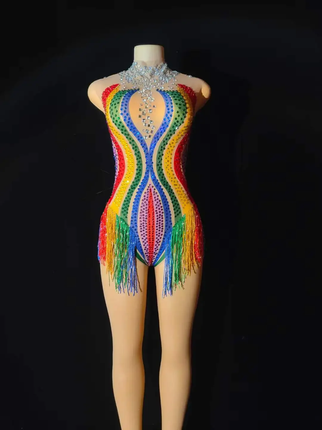 

Women Fringe Rhinestone Sleeveless Cheerleader Homecoming Dance Bodysuits Rainbow Color Multicolor Rave Festival Outfits