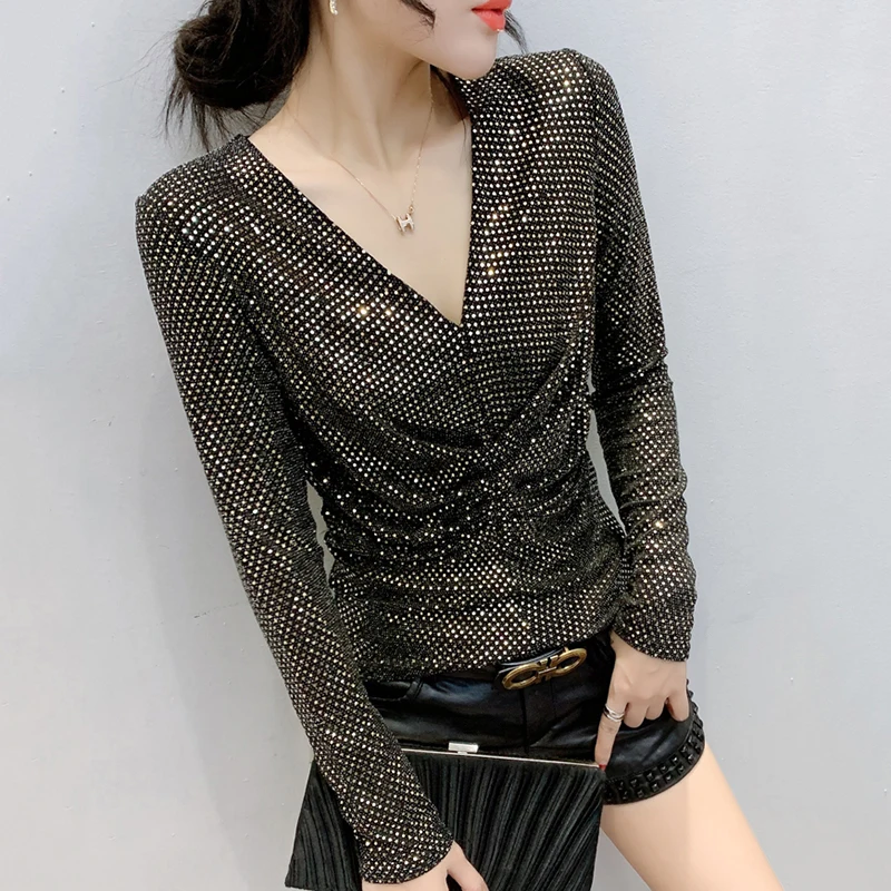 Sexy Sparkling V-Neck Long Sleeve T-Shirt Women's Slim Fit Base Shirt Trendy Commute Style Korean Version Bright Thread Detail