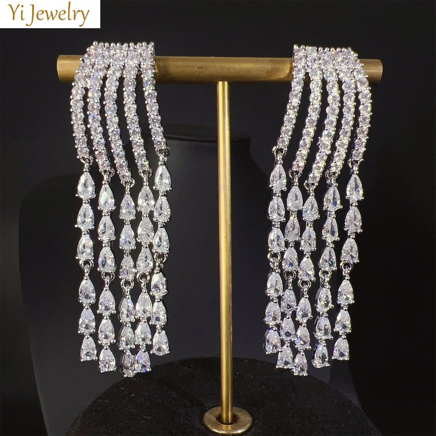 

shiny zirconia long earrings women wedding dinner party luxury jewelry gold silver color water drop chain tassel earrings female