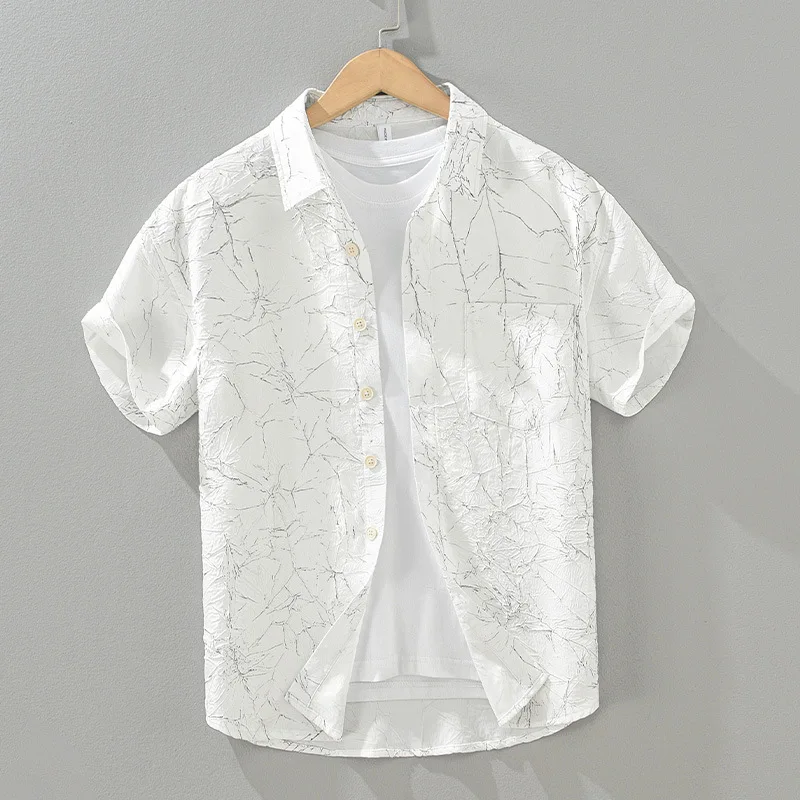 Fashion Casual Summer Men's Short Sleeve Shirt 1278 Light Luxury Wrinkle Texture Youth Streetwear Trendy Daily Tops Male