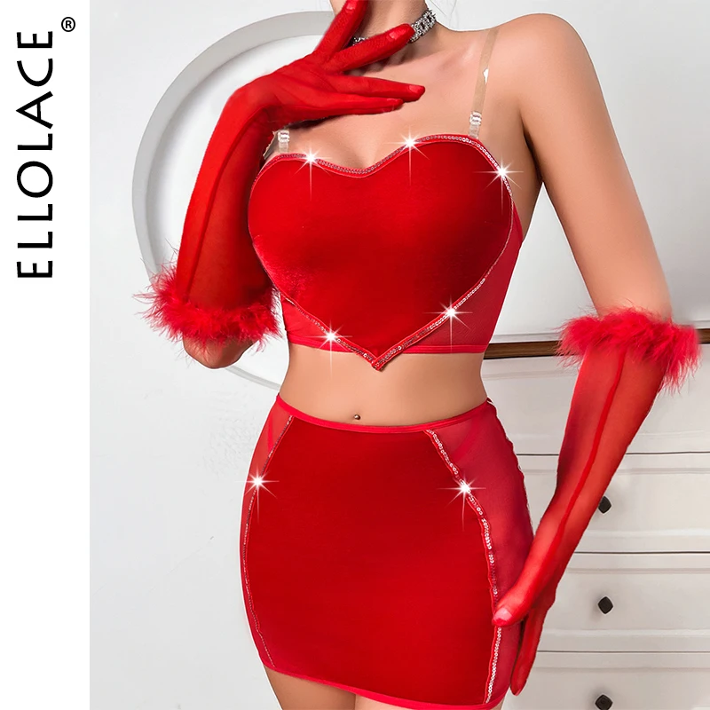 Ellolace Valentine Red Heart Lingerie Set With Long Gloves Velvet Boob Tube Top Skirt Spangle Complete Female Sexy Outfits
