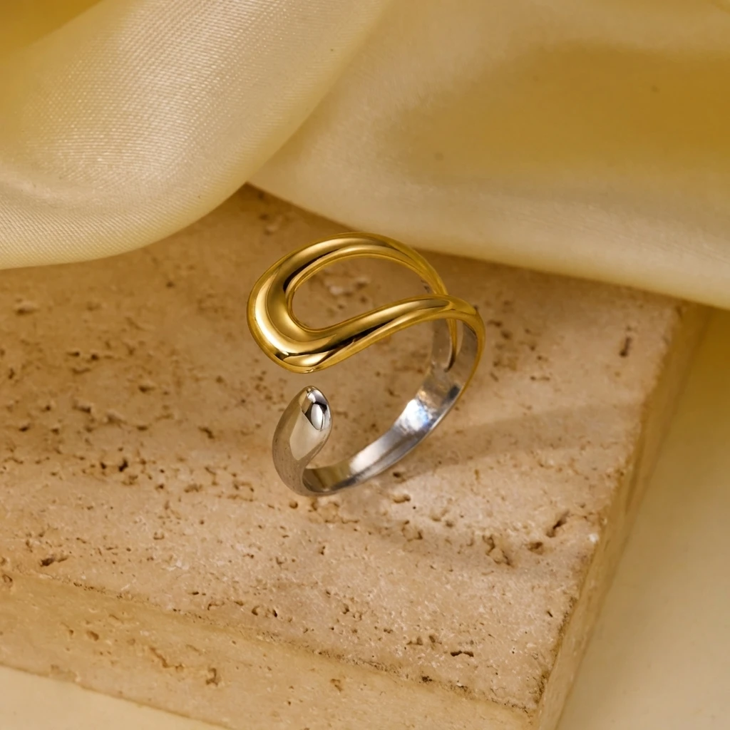 Minimalistischer Geometrischer Zweifarbiger Edelstahl Offener Ring für Frauen Zarter Wellenförmiger Manschettenring Hypoallergener Party-Fingerschmuck Geschenk – Detail 7