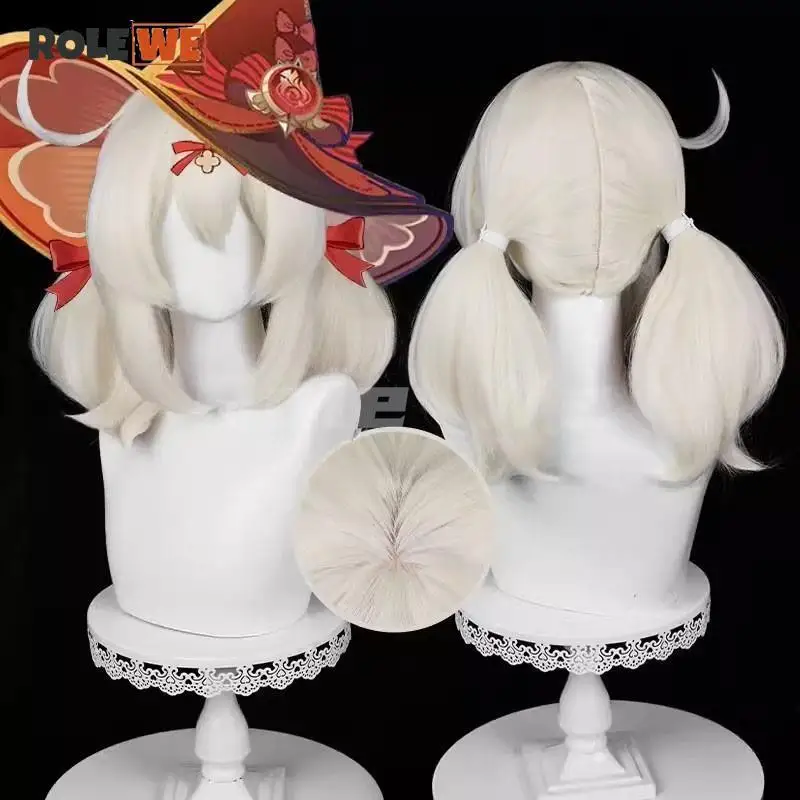 New! Klee Cosplay Wig Genshin Impact 42cm Milk White Double Ponytail Wigs Cosplay Anime Wig Heat Resistant Fibre Wig + A Wig Cap