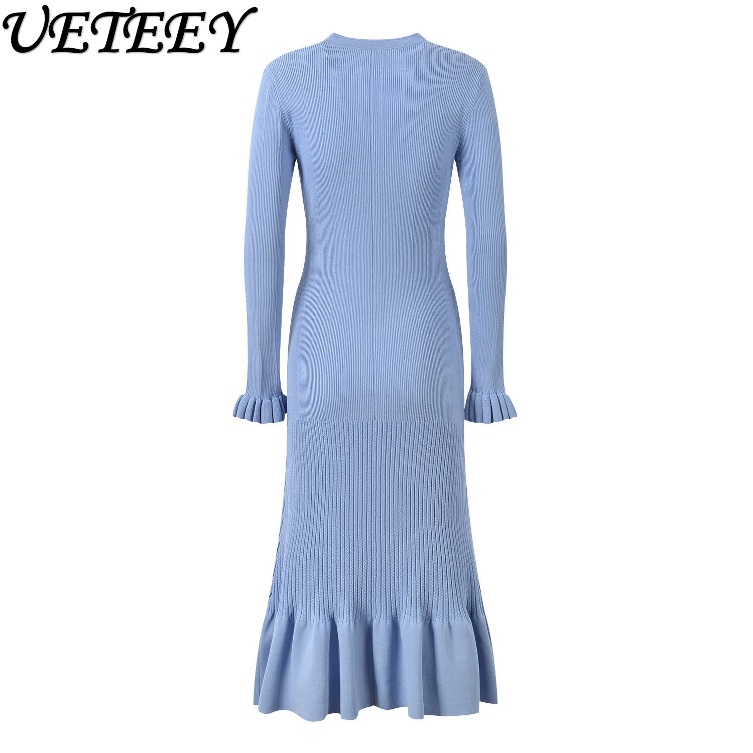 Autumn New V-neck Single-breasted Long-sleeved Temperament Elegant Long Dress Slim and Thin Fishtail Knitted Maxi Dresses