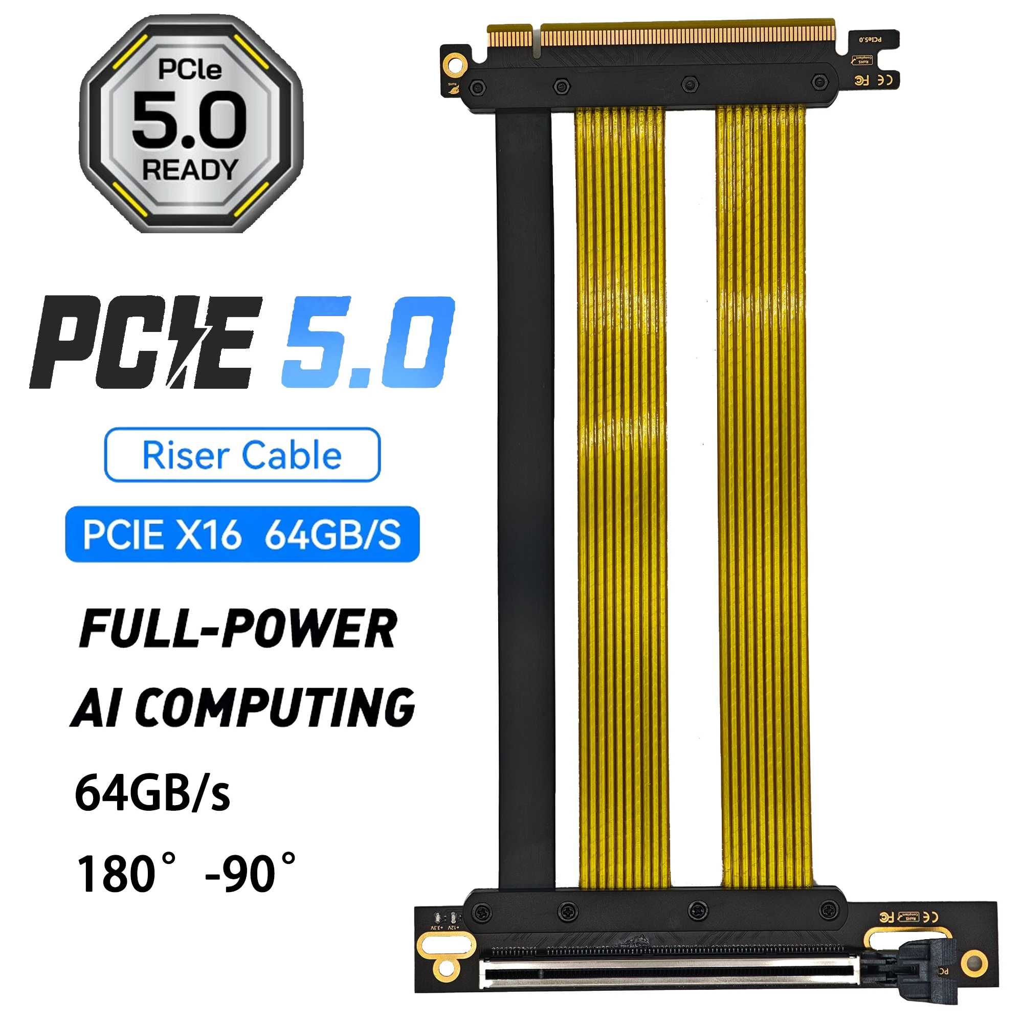 

9-дюймовый слот PCI-E5.0x1690 градусов, 64 гигабит/секунд 180 ° -90 ° Кабель повышения графического процессора-RTX4090, RX7900, 4-контактный разъем ATX