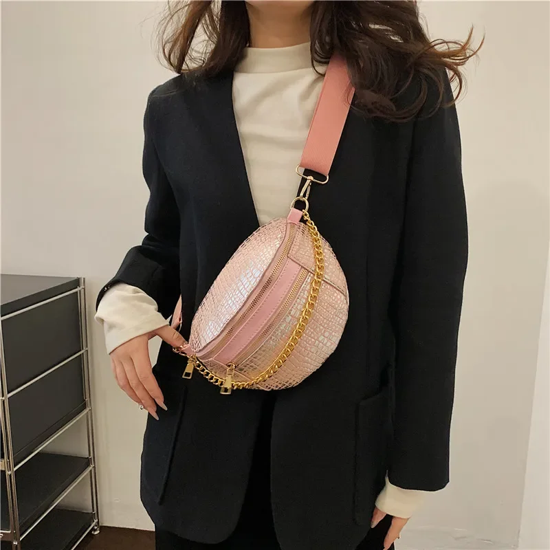 Luxury Chain Waist Bag For Women Pu Leather Fanny Pack Small Stone Pattern Saddle Crossbody Bag Female Versatile Travel Belt Bag