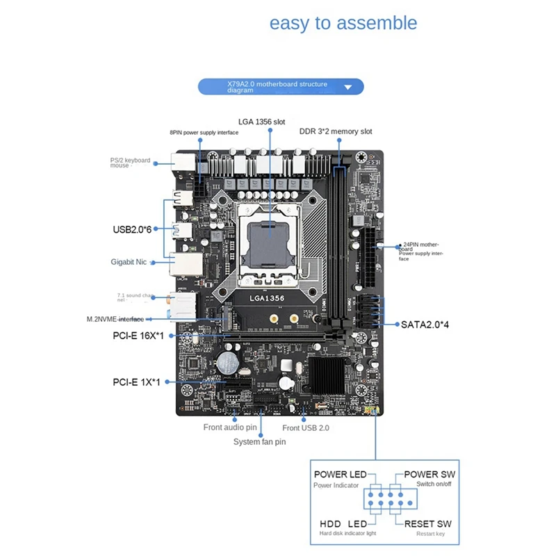 

1 Piece X79A2.0 Motherboard LGA1356 Computer Motherboard 32GB DDR3 M.2NVME SATA2.0 Black Supports 1356 Series Processor