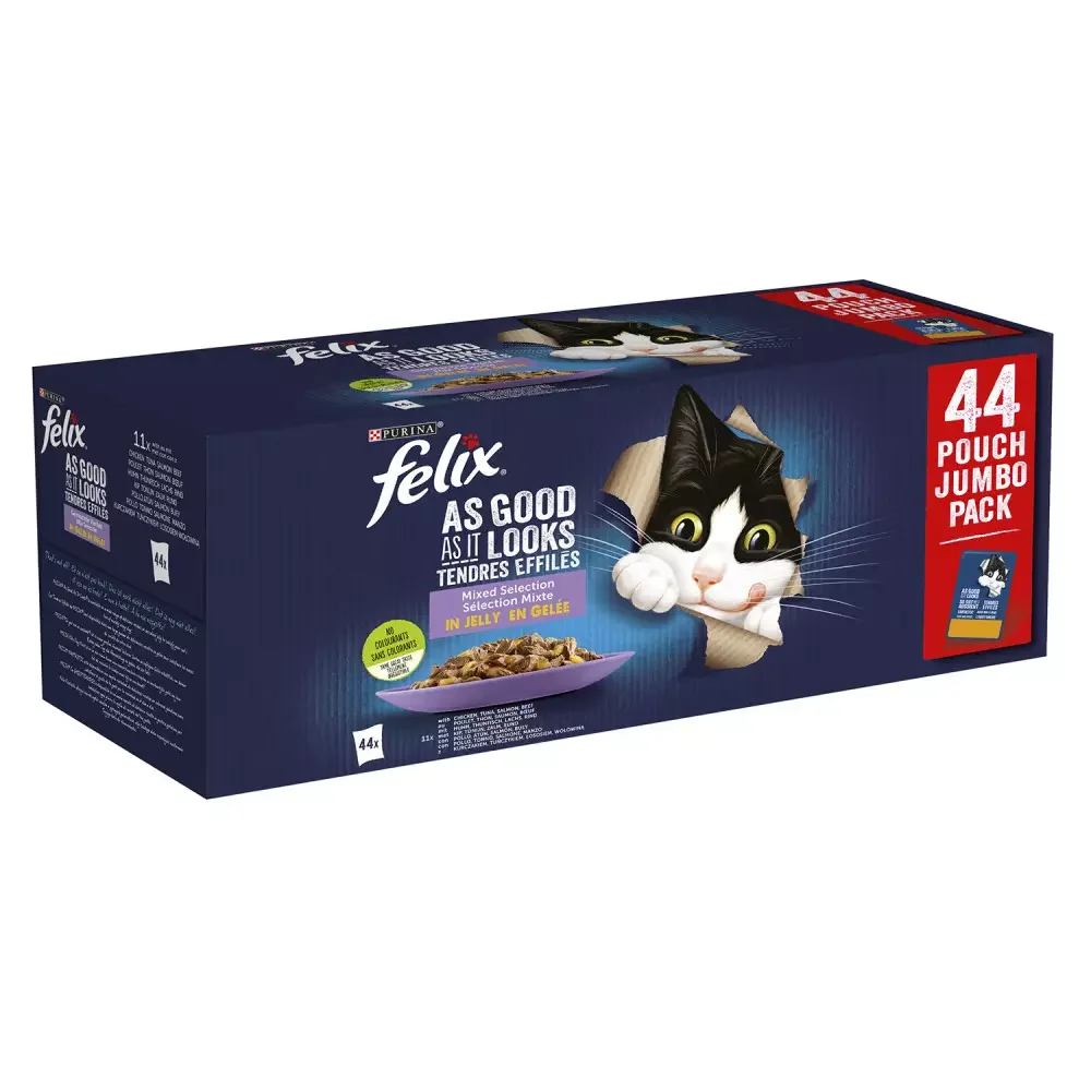 FELIX  Fantastic - Selección de Sabores en Gelatina (44 x 85 gr) (Pollo, Buey, Atún y Salmón) Sabor mixto
