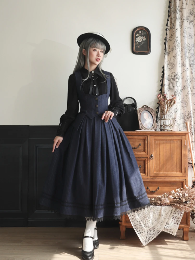 Japanese Style Simple Elegant Retro Lolita SK Lace Stitching High Waist A-line Stripes Pleated Long Skirts for Women Summer 2024