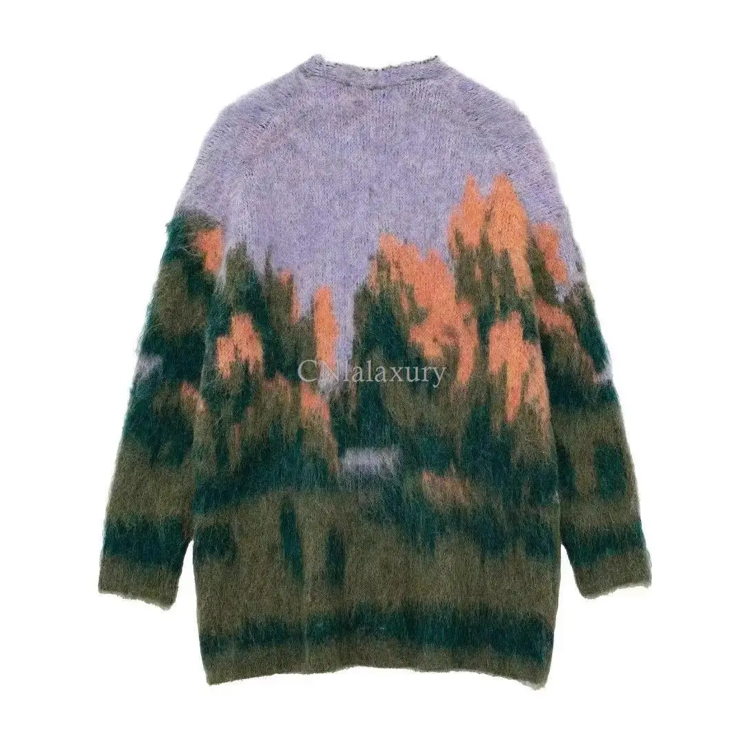 CNlalaxury 2024 autumn winter women new round neck landscape painting pattern Knitwear sweater Long sleeved fashion loose jumper