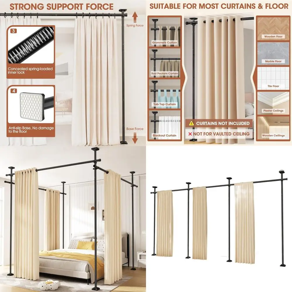 

Adjustable Heavy-Duty Freestanding Room Divider Curtain Rod, No Drilling, 4-10ft Height, 28-171inch Width, Black